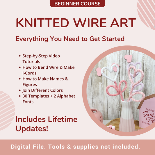 Knitted wire art course flyer with text and a product image on a pink background